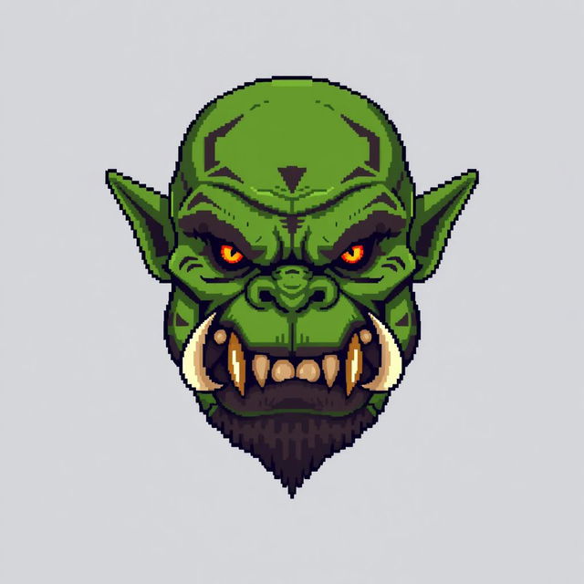 A pixel art representation of an orc's face looking straight forward, focusing solely on the head