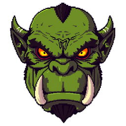 A pixel art representation of an orc's face looking straight forward, focusing solely on the head