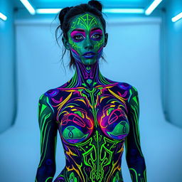 A captivating image of a woman wearing body paint, where the nipple outline is visibly but tastefully covered with paint