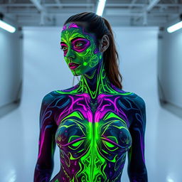 A captivating image of a woman wearing body paint, where the nipple outline is visibly but tastefully covered with paint