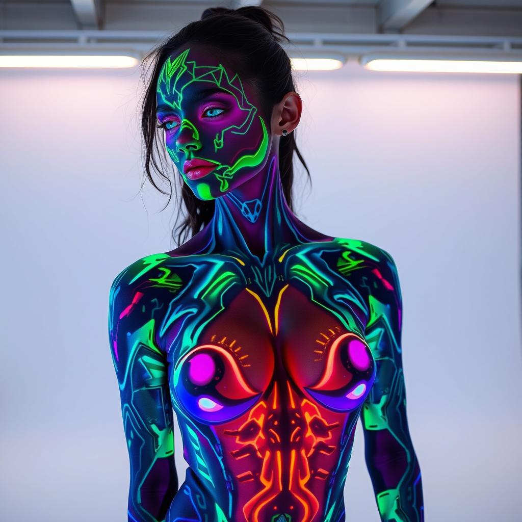 A captivating image of a woman wearing body paint, where the nipple outline is visibly but tastefully covered with paint