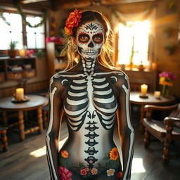 A striking image of a woman wearing body paint, where the nipple outline is prominently visible yet tastefully covered in paint