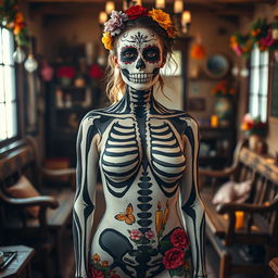 A striking image of a woman wearing body paint, where the nipple outline is prominently visible yet tastefully covered in paint