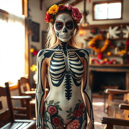 A striking image of a woman wearing body paint, where the nipple outline is prominently visible yet tastefully covered in paint