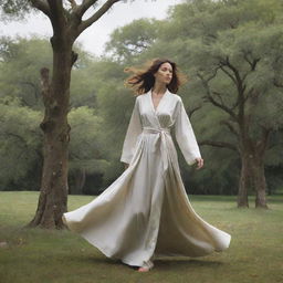 Generate an image of a sudden, strong yet gentle wind, causing robes to billow and trees to sway, adding a dynamic and calming element to the scene.