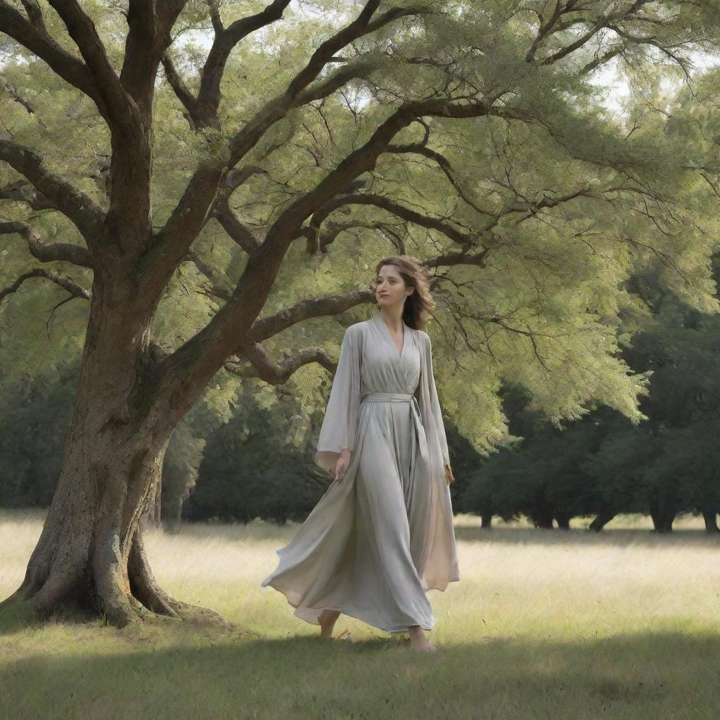 Generate an image of a sudden, strong yet gentle wind, causing robes to billow and trees to sway, adding a dynamic and calming element to the scene.