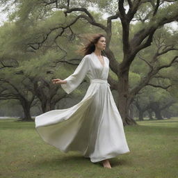 Generate an image of a sudden, strong yet gentle wind, causing robes to billow and trees to sway, adding a dynamic and calming element to the scene.