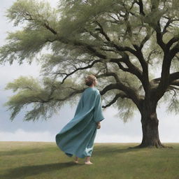 Generate an image of a sudden, strong yet gentle wind, causing robes to billow and trees to sway, adding a dynamic and calming element to the scene.