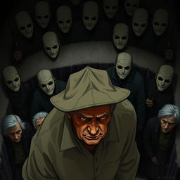 An elderly man, his face obscured by the brim of his hat, desperately tries to hide his profound sadness, conveying a deep sense of sorrow