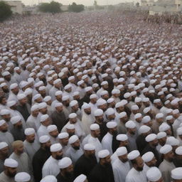 Generate an image of a serene scenario where a powerful, gentle wind envelopes the crowd of Muslims, symbolizing their peaceful transition into the next phase of existence.