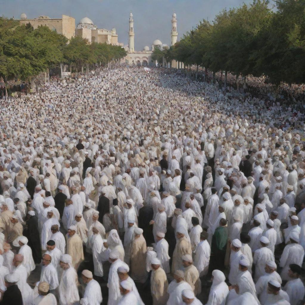 Generate an image of a serene scenario where a powerful, gentle wind envelopes the crowd of Muslims, symbolizing their peaceful transition into the next phase of existence.