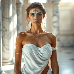 A captivating image of a woman wearing body paint, where the nipple is prominently visible yet tastefully covered in paint