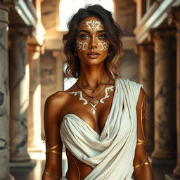 A captivating image of a woman wearing body paint, where the nipple is prominently visible yet tastefully covered in paint