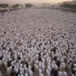 Generate an image of a serene scenario where a powerful, gentle wind envelopes the crowd of Muslims, symbolizing their peaceful transition into the next phase of existence.