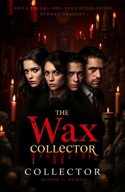 A haunting and intriguing book cover design for 'The Wax Collector' featuring Anya Taylor-Joy, Finn Wittrock, Tom Hiddleston, and Sydney Sweeney