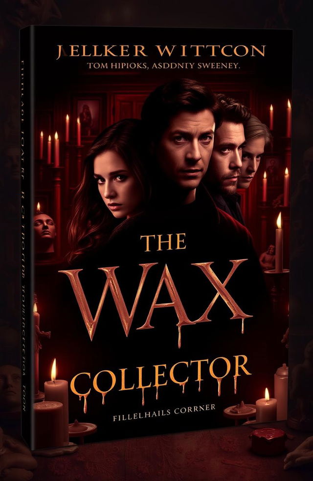 A haunting and intriguing book cover design for 'The Wax Collector' featuring Anya Taylor-Joy, Finn Wittrock, Tom Hiddleston, and Sydney Sweeney