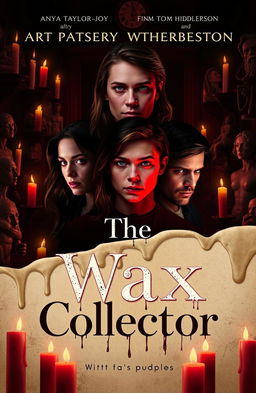 A haunting and intriguing book cover design for 'The Wax Collector' featuring Anya Taylor-Joy, Finn Wittrock, Tom Hiddleston, and Sydney Sweeney