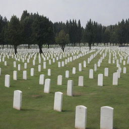 Generate an image of a vast, peaceful graveyard filled with fresh graves, symbolizing the serene passing and subsequent interment of the Muslim community following the gentle wind.