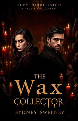 A haunting and intriguing book cover design for 'The Wax Collector' featuring Anya Taylor-Joy, Finn Wittrock, Tom Hiddleston, and Sydney Sweeney