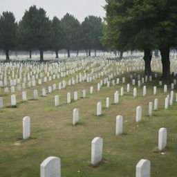 Generate an image of a vast, peaceful graveyard filled with fresh graves, symbolizing the serene passing and subsequent interment of the Muslim community following the gentle wind.