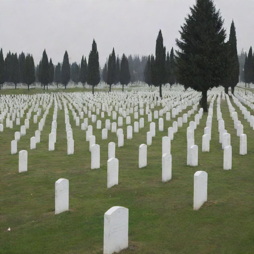 Generate an image of a vast, peaceful graveyard filled with fresh graves, symbolizing the serene passing and subsequent interment of the Muslim community following the gentle wind.