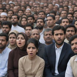 Generate an image of remaining spectators expressing shock and disbelief upon the sudden, peaceful passing of the entire Muslim community, capturing the striking contrast between life and death.