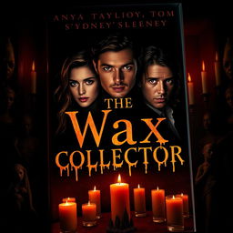 A haunting and intriguing book cover design for 'The Wax Collector' featuring Anya Taylor-Joy, Finn Wittrock, Tom Hiddleston, and Sydney Sweeney