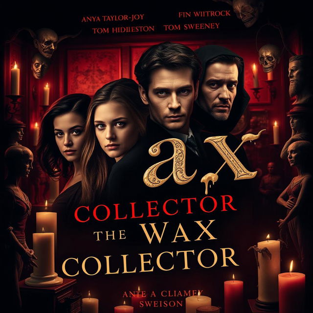 A haunting and intriguing book cover design for 'The Wax Collector' featuring Anya Taylor-Joy, Finn Wittrock, Tom Hiddleston, and Sydney Sweeney