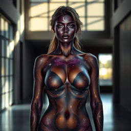 A captivating image of a woman wearing body paint, where the nipple is prominently visible yet tastefully covered in paint