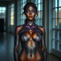 A captivating image of a woman wearing body paint, where the nipple is prominently visible yet tastefully covered in paint