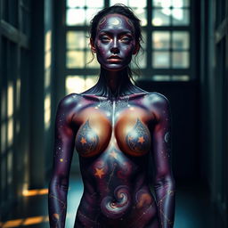 A captivating image of a woman wearing body paint, where the nipple is prominently visible yet tastefully covered in paint