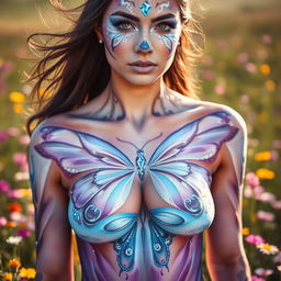 A stunning image of a woman wearing body paint, where the nipple is prominently visible yet tastefully covered in paint