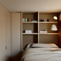 A compact yet comfortable bedroom with a study area including a desk, chair, lamp, and bookshelves, seamlessly integrated into the space