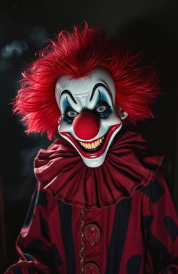 A chilling scene featuring a red and black clown reminiscent of classic horror aesthetics