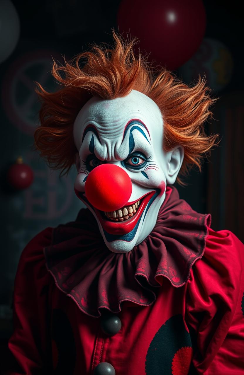 A chilling scene featuring a red and black clown reminiscent of classic horror aesthetics