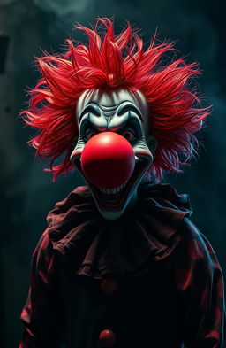 A chilling scene featuring a red and black clown reminiscent of classic horror aesthetics