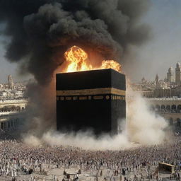 Generate an image of the Ka'bah in Mecca being destroyed among the apocalyptic scenes, symbolizing the end of an era and sharing a powerful, solemn message.