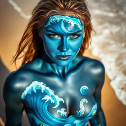 A striking image of a woman wearing body paint, where the nipple is prominently visible yet tastefully covered in paint