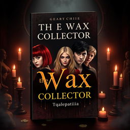 A book cover design for 'The Wax Collector' featuring four characters: a girl with a bob haircut and red hair, a blonde girl with long hair, and two guys (one with black hair and the other with light brown hair) positioned in the center