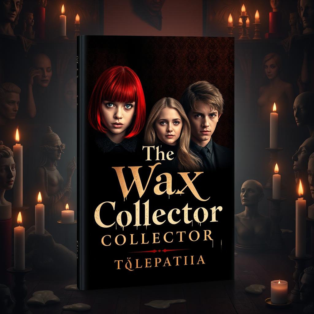 A book cover design for 'The Wax Collector' featuring four characters: a girl with a bob haircut and red hair, a blonde girl with long hair, and two guys (one with black hair and the other with light brown hair) positioned in the center