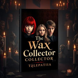 A book cover design for 'The Wax Collector' featuring four characters: a girl with a bob haircut and red hair, a blonde girl with long hair, and two guys (one with black hair and the other with light brown hair) positioned in the center