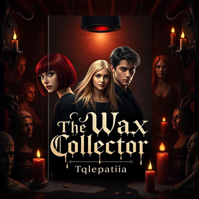 A book cover design for 'The Wax Collector' featuring four characters: a girl with a bob haircut and red hair, a blonde girl with long hair, and two guys (one with black hair and the other with light brown hair) positioned in the center