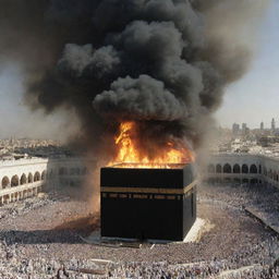 Generate an image of the Ka'bah in Mecca being destroyed among the apocalyptic scenes, symbolizing the end of an era and sharing a powerful, solemn message.