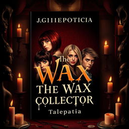 A book cover design for 'The Wax Collector' featuring four characters: a girl with a bob haircut and red hair, a blonde girl with long hair, and two guys (one with black hair and the other with light brown hair) positioned in the center