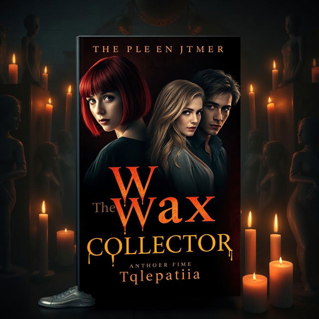 A book cover design for 'The Wax Collector' featuring four characters: a girl with a bob haircut and striking red hair, a blonde girl with long flowing hair, and two guys (one with black hair and the other with light brown hair) positioned prominently in the center