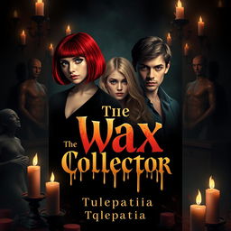 A book cover design for 'The Wax Collector' featuring four characters: a girl with a bob haircut and striking red hair, a blonde girl with long flowing hair, and two guys (one with black hair and the other with light brown hair) positioned prominently in the center