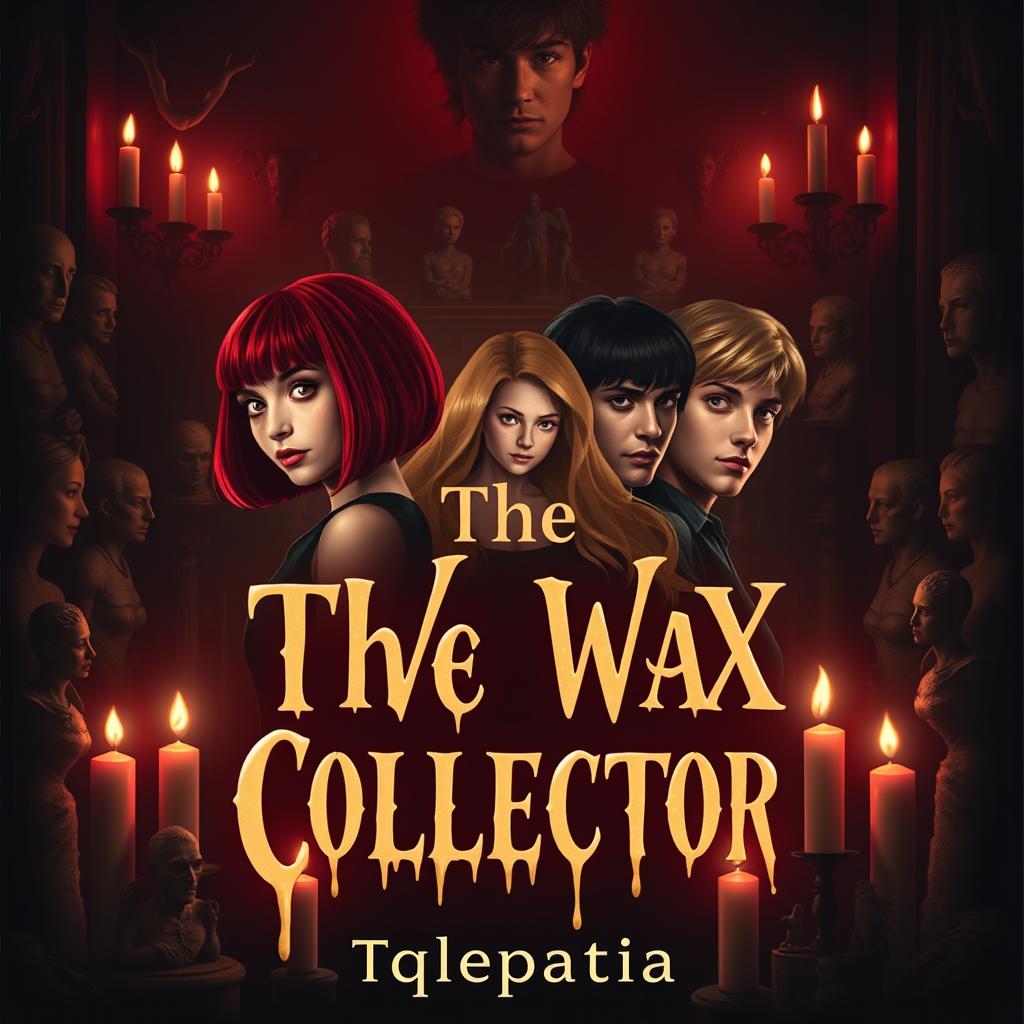 A book cover design for 'The Wax Collector' featuring four characters: a girl with a bob haircut and striking red hair, a blonde girl with long flowing hair, and two guys (one with black hair and the other with light brown hair) positioned prominently in the center