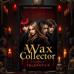 A book cover design for 'The Wax Collector' featuring four characters: a girl with a bob haircut and striking red hair, a blonde girl with long flowing hair, and two guys (one with black hair and the other with light brown hair) positioned prominently in the center