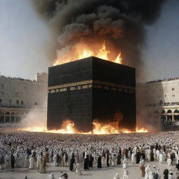 Generate an image of the Ka'bah in Mecca being destroyed among the apocalyptic scenes, symbolizing the end of an era and sharing a powerful, solemn message.