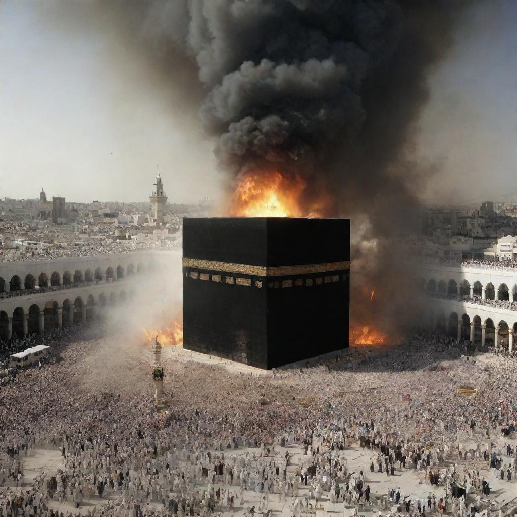 Generate an image of the Ka'bah in Mecca being destroyed among the apocalyptic scenes, symbolizing the end of an era and sharing a powerful, solemn message.